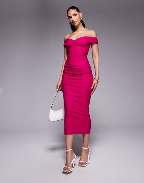 Vesper Sweetheart neckline bardot bodycon midaxi dress in pink