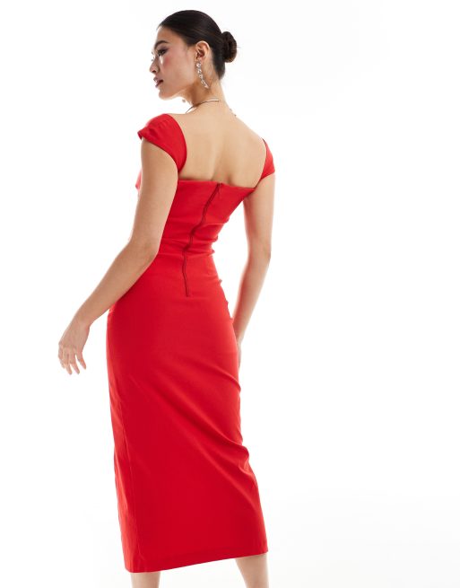 Vesper sweetheart neckline cap sleeve midaxi thigh split dress in red ASOS