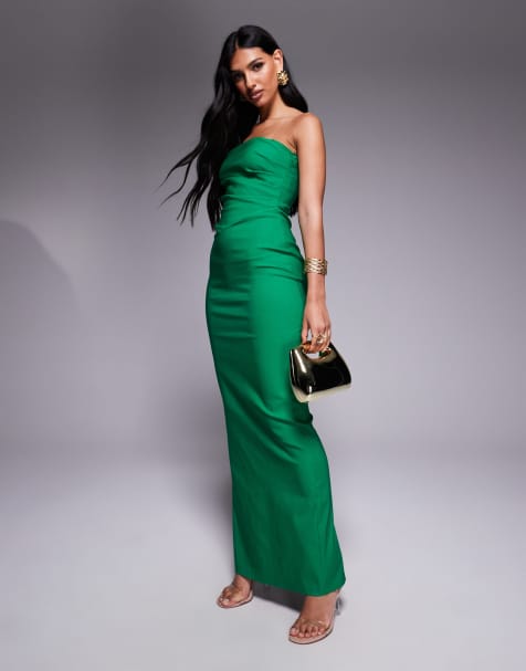 Vesper bengaline drape waist bandeau maxi dress in emerald