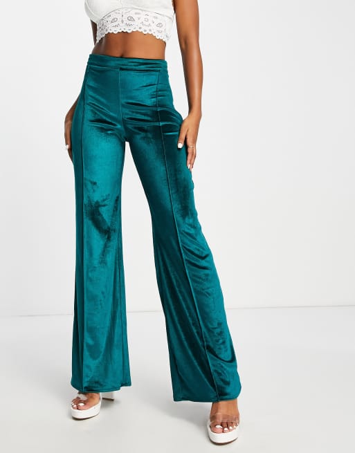 Teal velvet flat-front limited-edition Cigarette Pants