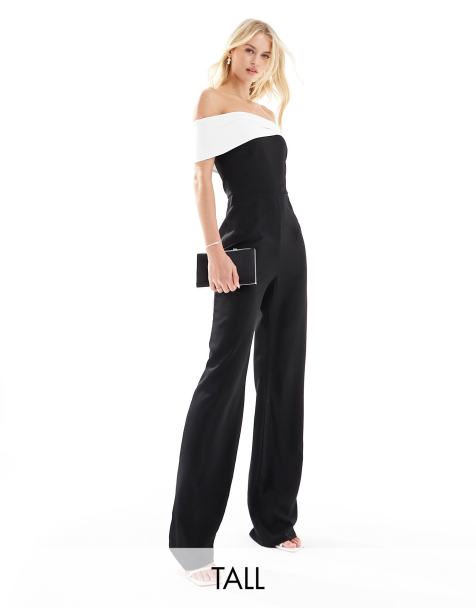 Vesper Tall - Bandeau-jumpsuit met contrast en wijde pijpen in zwart-wit - view 1