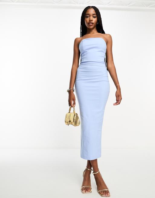 Dusty blue faux outlet suede bandeau bodycon dress