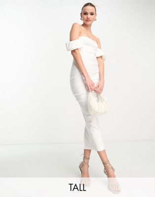 Vesper Tall bardot frill sleeve midi dress in white