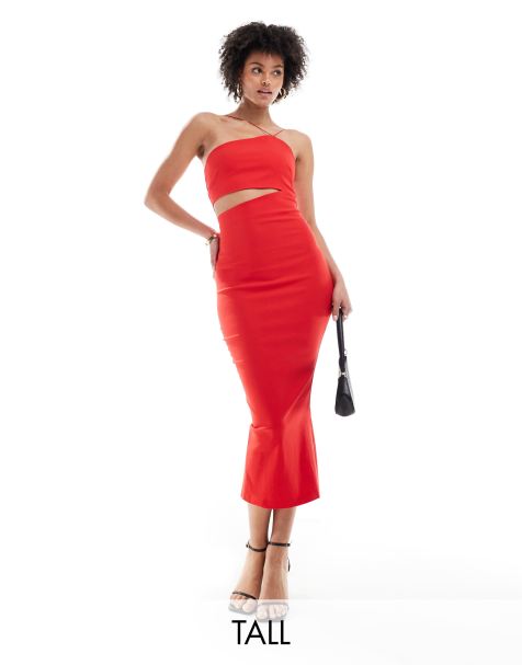 Vesper Tall bengaline asymmetric halterneck midi cut out dress in red - view 1
