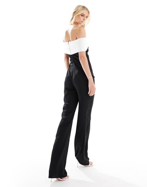 Vesper Tall bengaline bandeau contrast wide leg jumpsuit in monochrome, 3 of 4