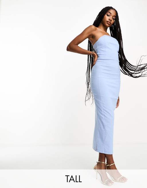Vesper Tall bengaline bandeau midi dress in icy blue