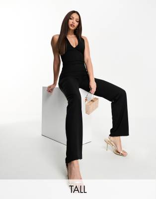 Vesper Tall Vesper Tall bengaline halterneck wide leg jumpsuit in black