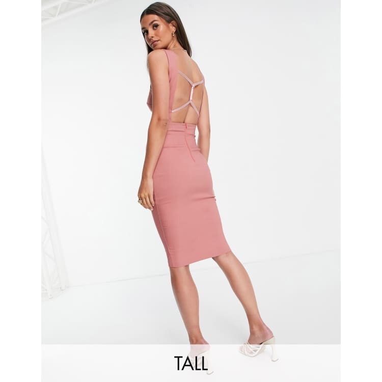 Vesper Tall bengaline square neck bodycon midi dress in dusty pink | ASOS