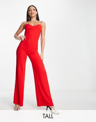 Vesper Tall cami strap flared jumpsuit in red - ASOS Price Checker