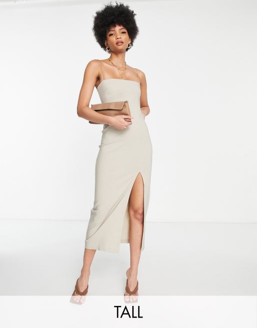 Vesper Tall cami strap midi bodycon dress with thigh slit in ecru