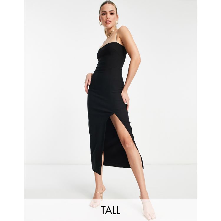 Vesper strappy open back midi dress with thigh slit in black