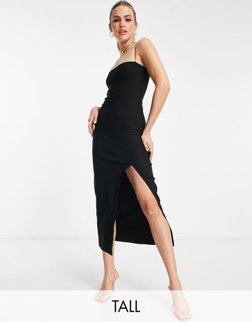 Vesper Tall cami strap midi dress with thigh split in black