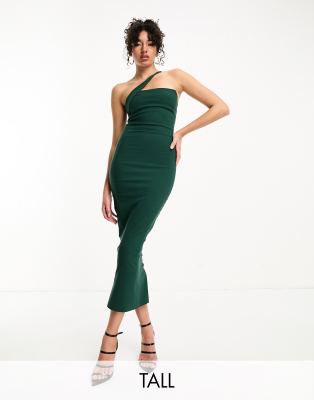 contrast satin trim one shoulder midi dress in forest green