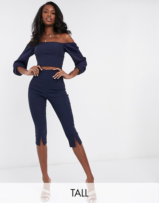 Vesper Tall cropped skinny trousers with front split detail co ord in navy