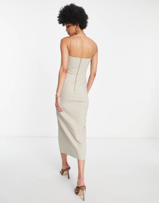 Vesper Tall – Figurbetontes Midikleid in Ecru mit schmalen Trägern und Schlitz bis zum Oberschenkel, 2 von 4