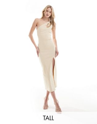 Vesper Tall halterneck keyhole cut out detail midi dress with thigh split in macaroon-Neutral