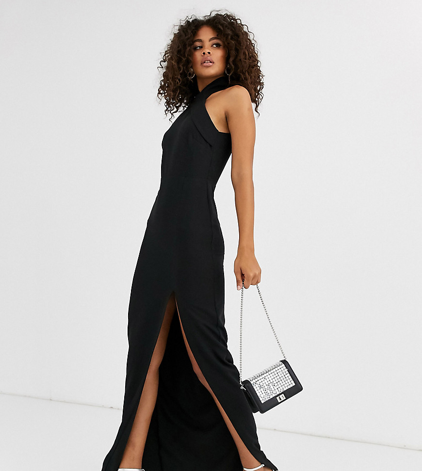 Vesper Tall - Lange hoogsluitende jurk met diepe split in zwart