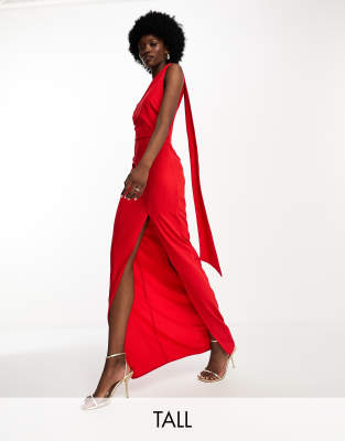 Vesper Tall - Maxikleid in Rot mit Schlitz bis zum Oberschenkel und Schaldetail