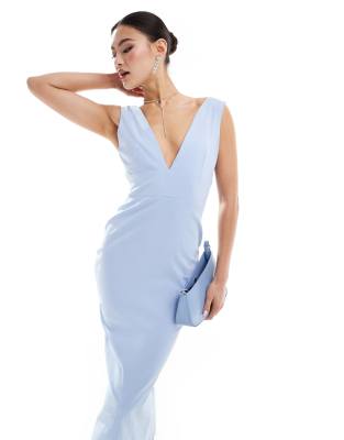 Vesper Tall - Midaxikleid aus Bengaline in Eisblau mit tiefem V-Ausschnitt und Rückenausschnitt