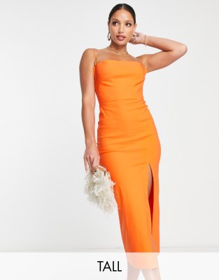 Vesper Tall - Midikleid mit Riemchenträgern in Orange mit Rückenausschnitt und hohem Schlitz