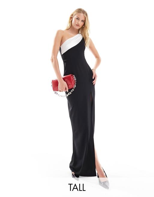 Vesper Tall monochrome contrast satin thigh split maxi dress in black