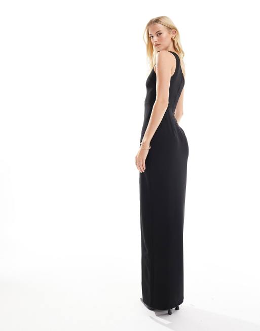 Vesper Tall monochrome contrast satin thigh split maxi dress in black