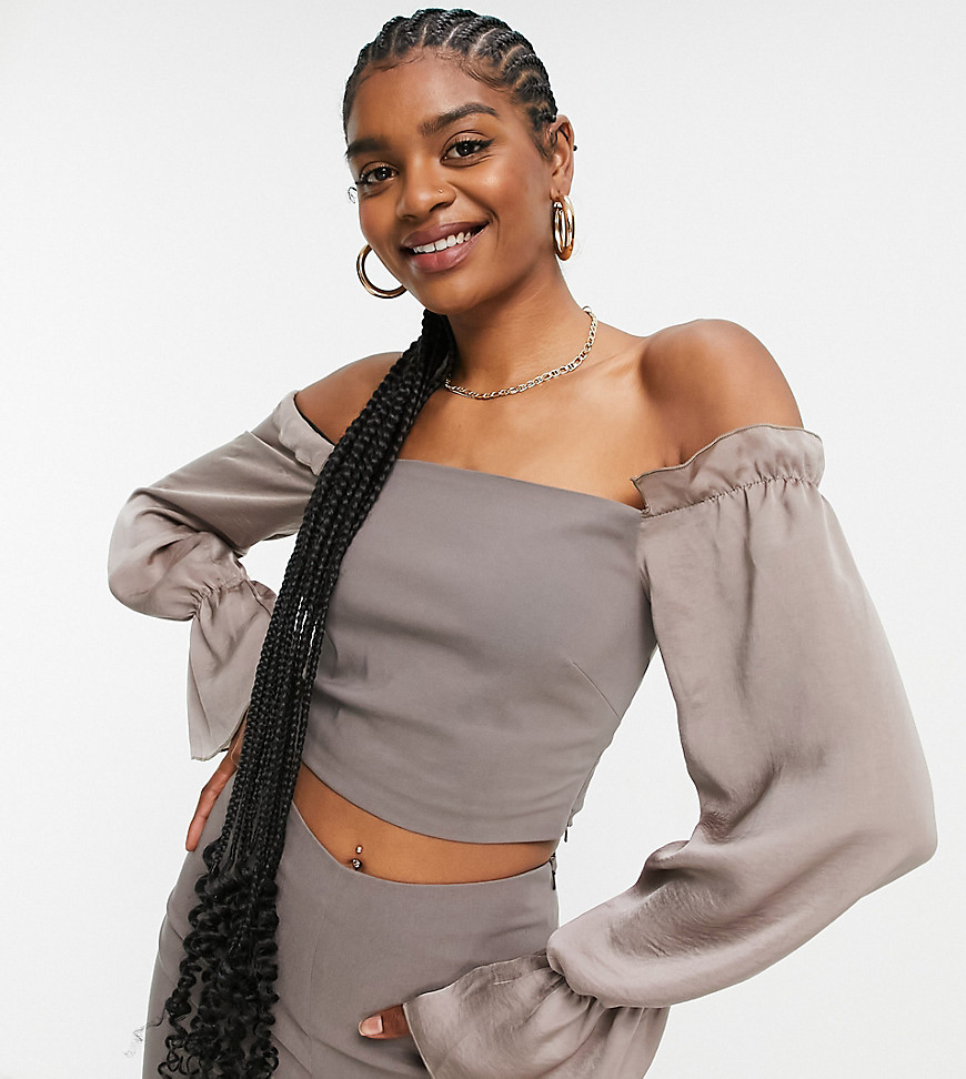 Vesper Tall off shoulder crop top with ruffle detail in brown - part of a set