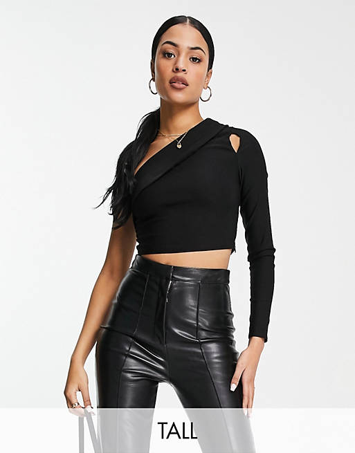 Vesper Tall one shoulder crop top with cut out detail co ord in black