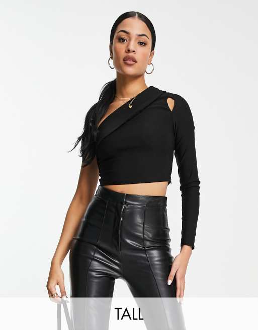 Vesper Tall one shoulder crop top with cut out detail in black part of a set