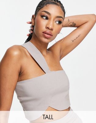 Vesper Tall one shoulder strap detail crop top co ord in taupe