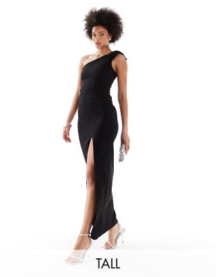 one shoulder tie detail maxi dress with thigh split in black