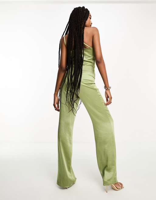 Vesper Tall satin one shoulder wide leg jumpsuit in olive green | ASOS
