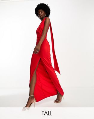 Vesper Tall Scarf Detail Thigh Split Maxi Dress In Red