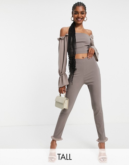 Vesper Tall slim trousers with ruffle detail co-ord in brown