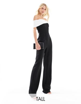 Vesper Tall - Trägerloser Jumpsuit in Schwarz-Weiß mit weitem Bein und Kontrast-Design-Bunt