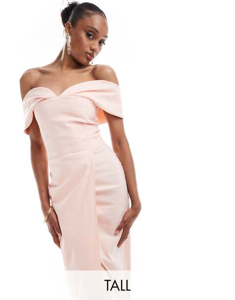 Vesper Tall - Vestito avvolgente in bengalina color rosa confetto con scollo a cuore stile Bardot e gonna al polpaccio - view 1