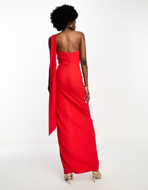 Vesper Tall - Vestito lungo in bengalina rosso con spacco sulla coscia e dettaglio stile sciarpa, 2 di 4