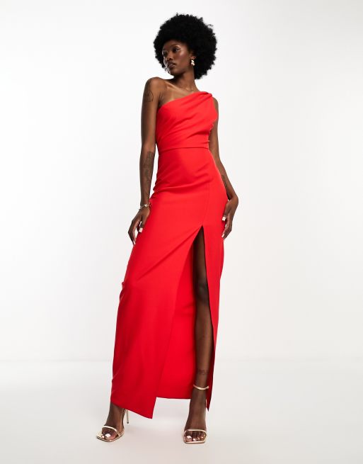 Vesper Tall - Vestito lungo in bengalina rosso con spacco sulla coscia e dettaglio stile sciarpa, 4 di 4