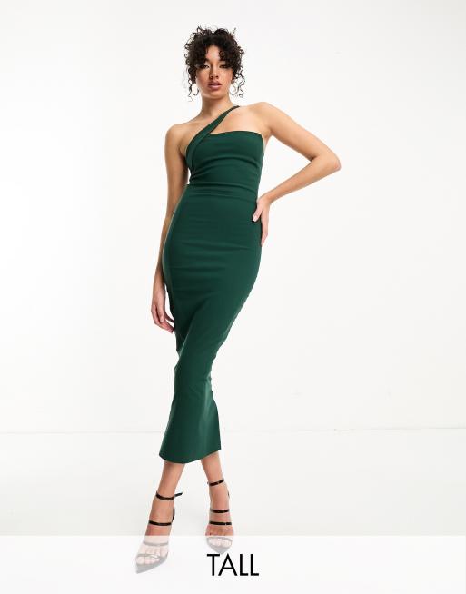 Vesper Tall - Vestito midi monospalla in raso verde bosco con finiture in raso a contrasto
