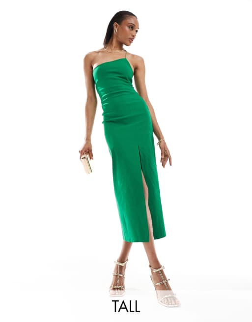 Vesper Tall – Wadenlanges Kleid aus Bengaline in Smaragdgrün mit dünnem One-Shoulder-Träger und hohem Beinschlitz