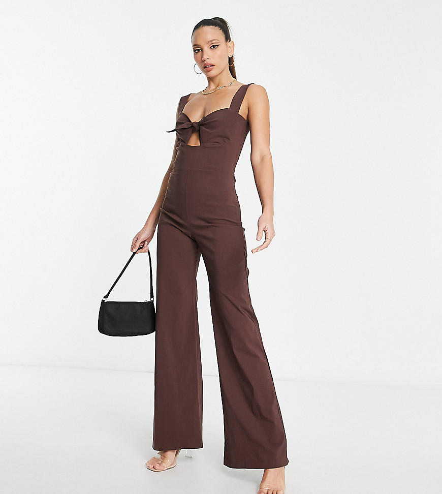Vesper Tall wide leg cami jumpsuit with cut out detail in chocolate brown