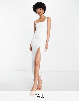 Vesper Tall wide strap thigh spilt midi dress in white
