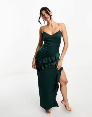 Vesper thigh split frill detail satin cami maxi dress in