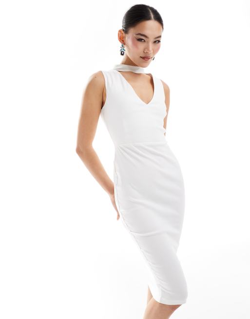 Vesper – Tief ausgeschnittenes Midikleid aus Bengaline in Weiß mit Choker-Detail, 3 von 4