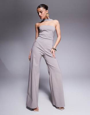 Vesper - Trägerloser Jumpsuit aus Bengaline in Taupe mit Halsband-Detail-Neutral
