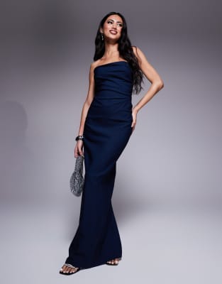 Vesper - Trägerloses Bengaline-Maxikleid in Marineblau mit drapierter Taille