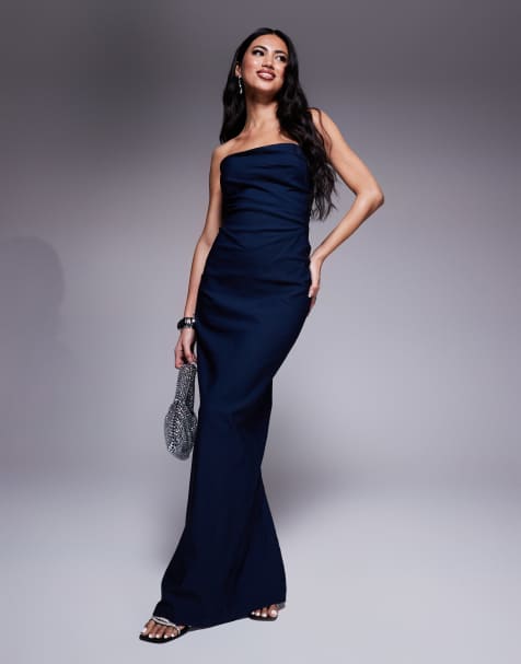 Vesper – Trägerloses Bengaline-Maxikleid in Marineblau mit drapierter Taille - view 1