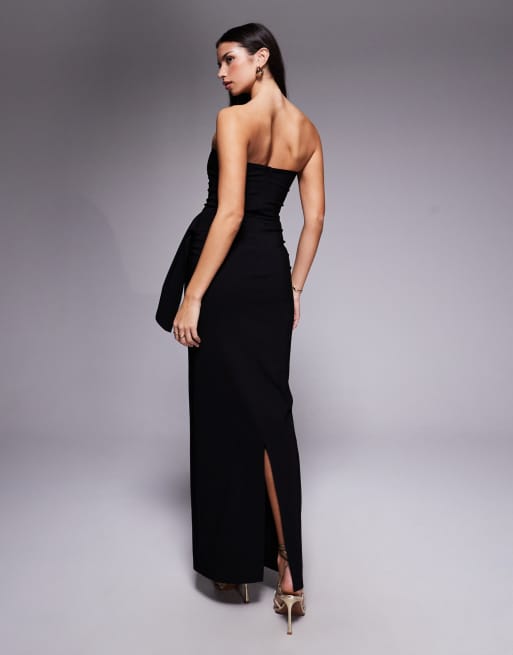 Vesper – Trägerloses Bengaline-Maxikleid in Schwarz mit Drapierung auf der Vorderseite, 2 von 4