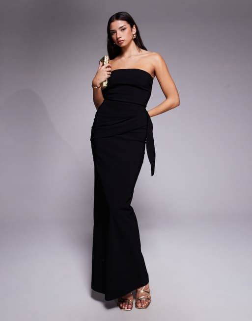 Vesper – Trägerloses Bengaline-Maxikleid in Schwarz mit Drapierung auf der Vorderseite, 3 von 4