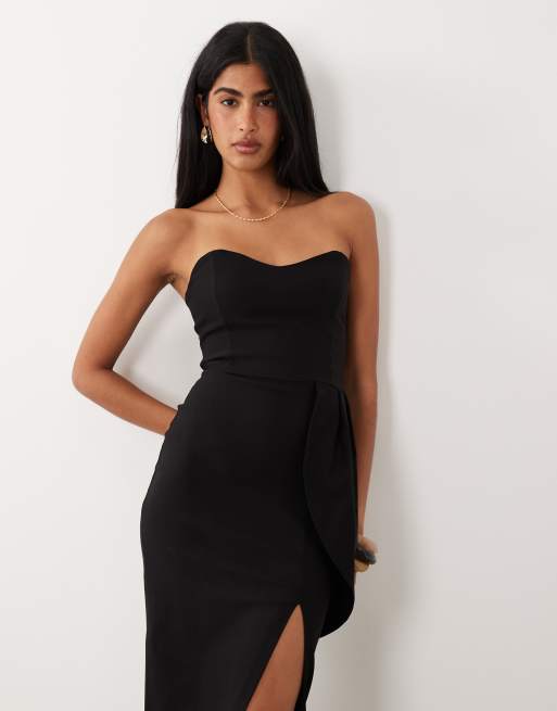 Vesper – Trägerloses Bengaline-Maxikleid in Schwarz mit Herzausschnitt und hohem Schlitz, 2 von 4